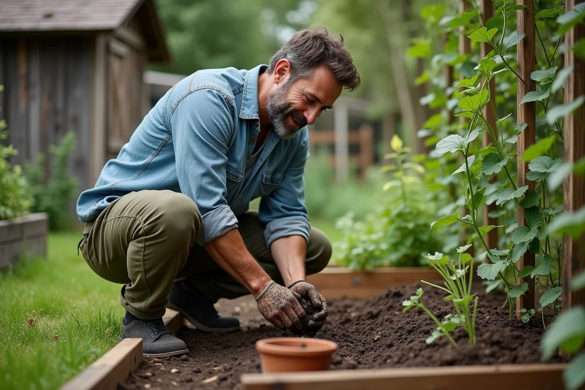 Homme jardinage potager maison, activité de plein air et loisirs en 2024