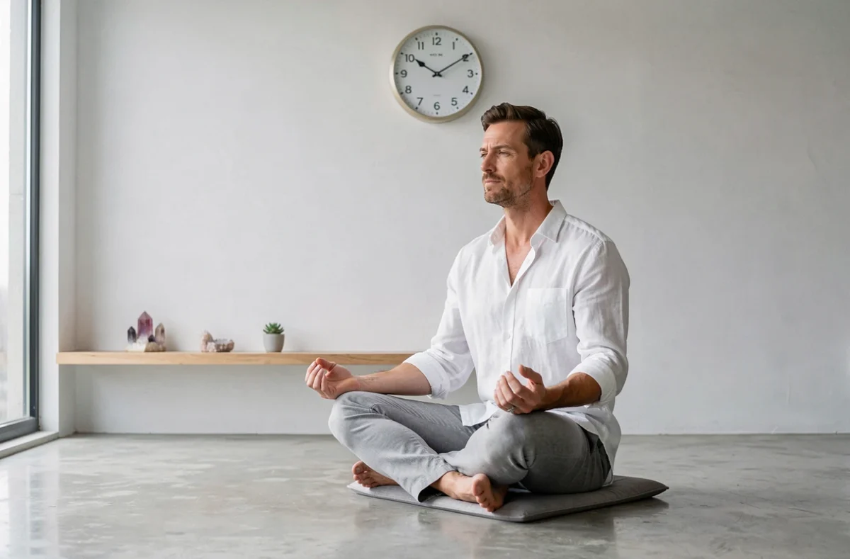 Homme en méditation observant une horloge à 15h05, atmosphère spirituelle et introspective dans un espace minimaliste