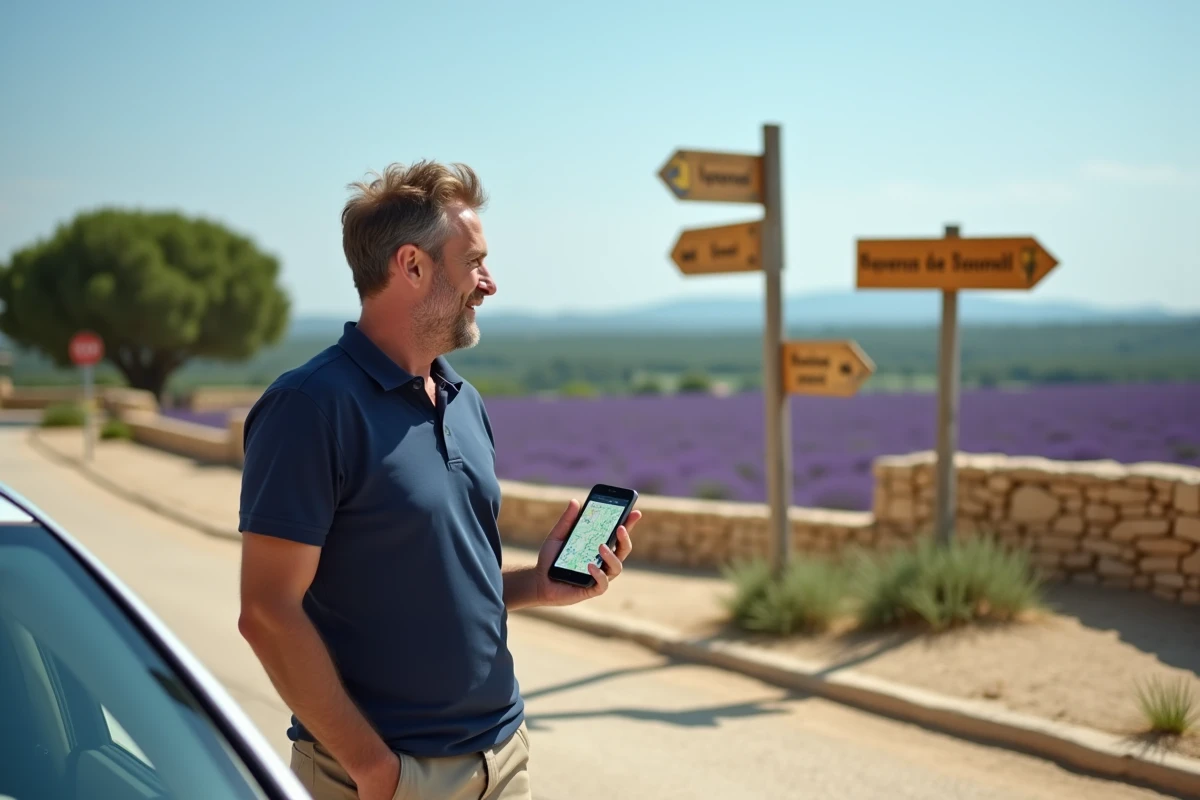 Homme utilisant ViaMichelin sur smartphone à un carrefour de campagne en Provence