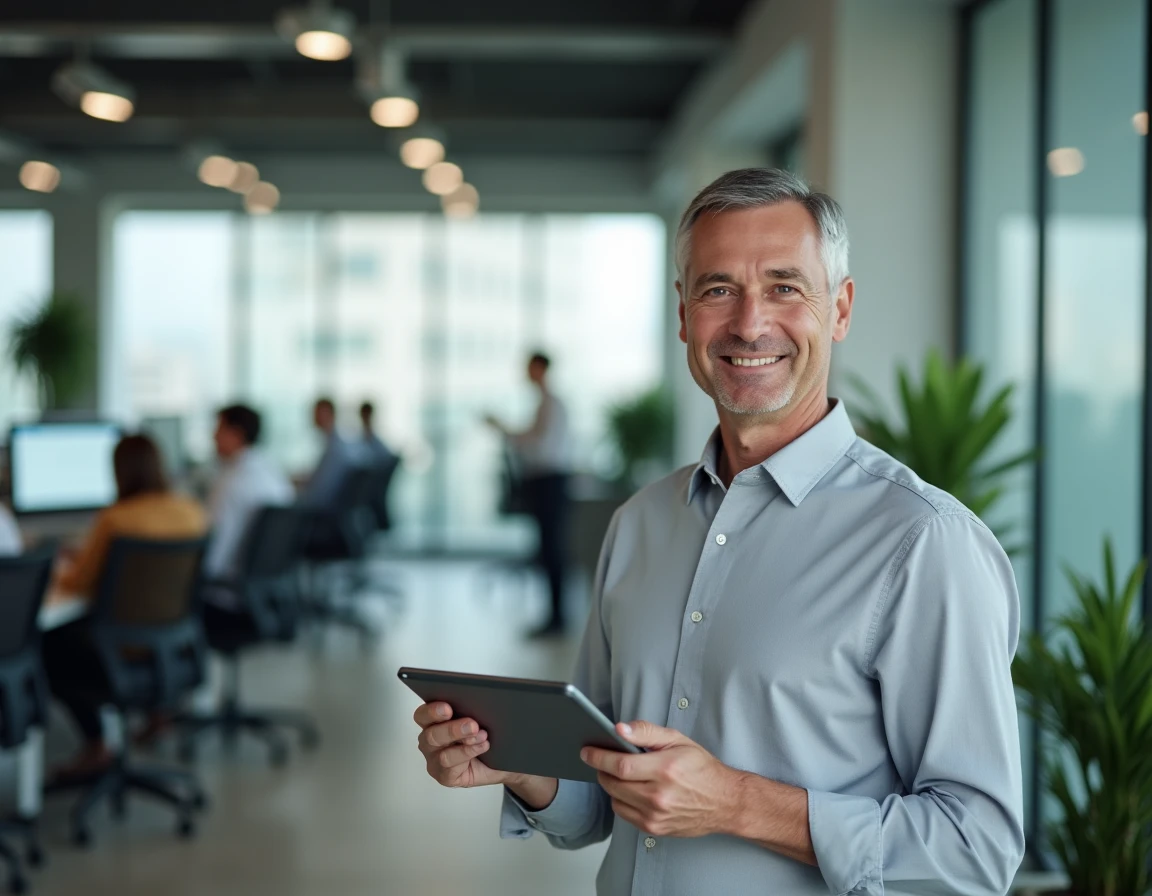 Homme consultant les dernières offres gratuites et nouveautés sur une tablette dans un bureau moderne