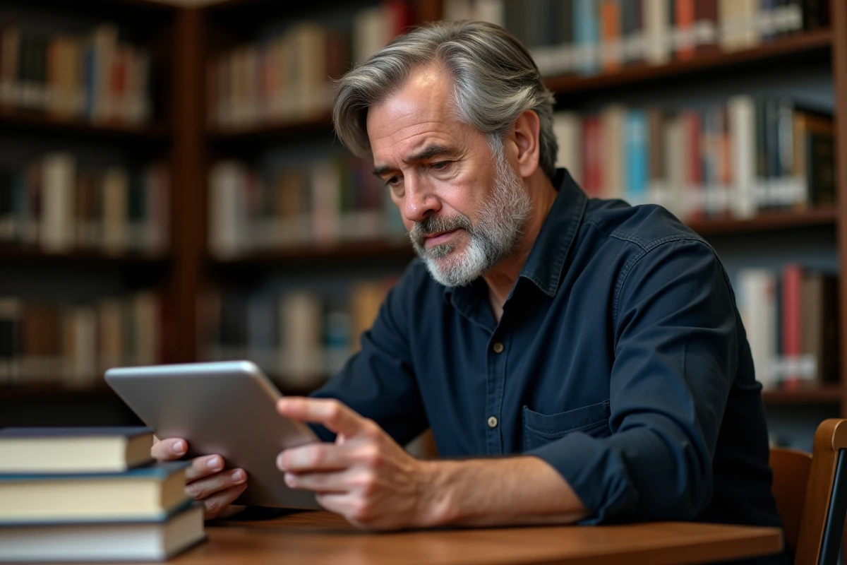 Homme consultant une tablette dans une bibliothèque pour retrouver l'adresse d'une personne à partir de son nom