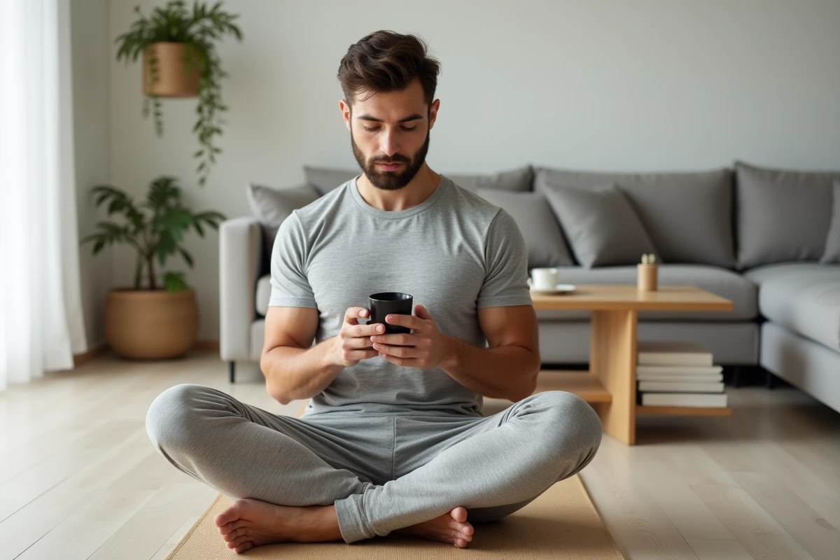 Homme en tenue sport lifestyle se relaxant sur un tapis de yoga dans un appartement moderne