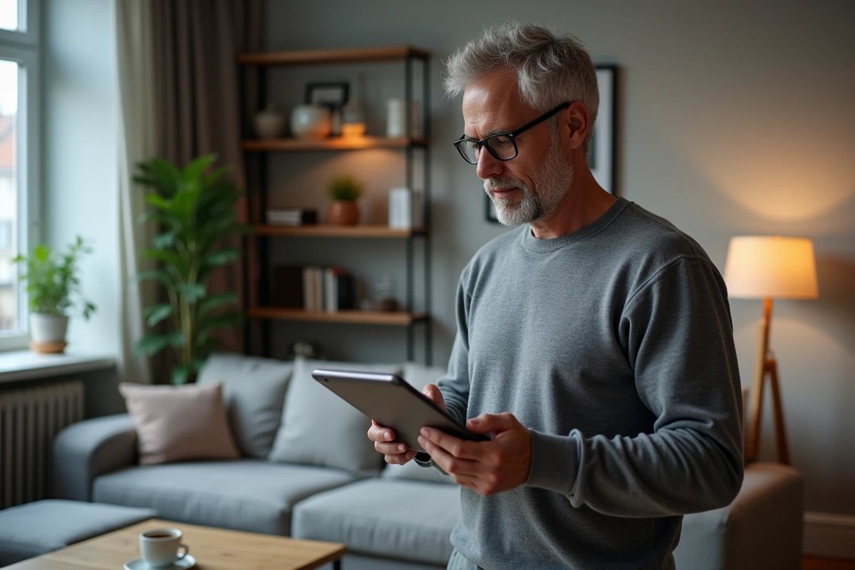 Homme consultant les dernières informations en temps réel sur une tablette dans son salon moderne