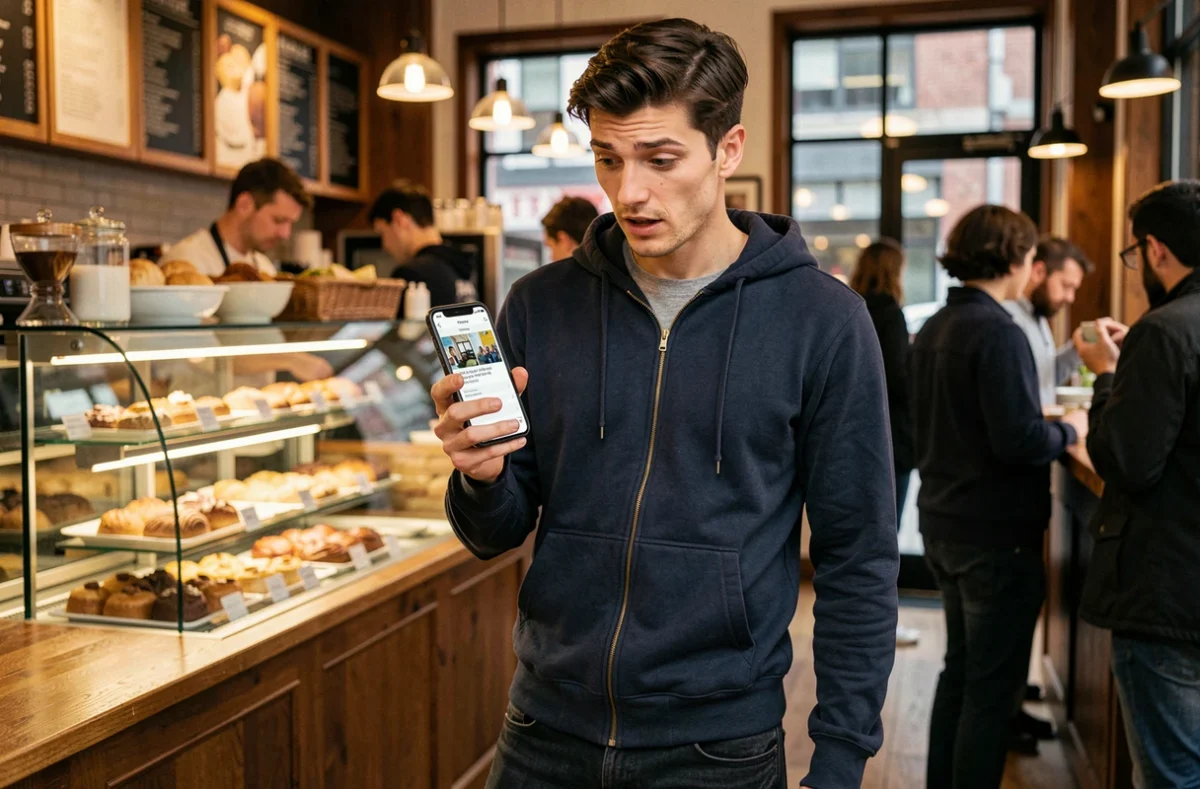 Homme consultant l'actualité numérique sur smartphone dans un café urbain animé