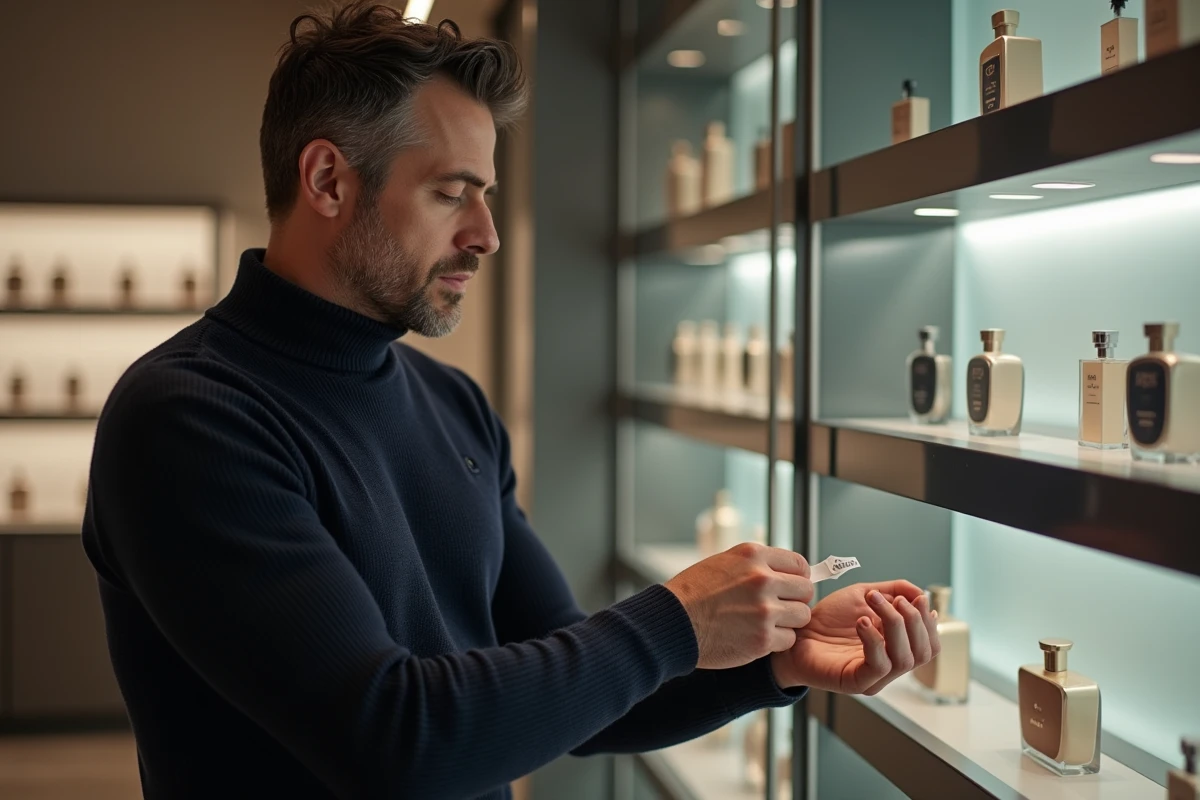 Homme testant un parfum de luxe dans une boutique haut de gamme liée à l'achat en ligne de fragrances
