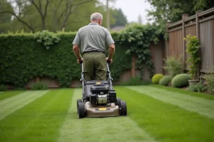 Homme d'âge mûr poussant une tondeuse thermique sur une pelouse entretenue dans un jardin de banlieue