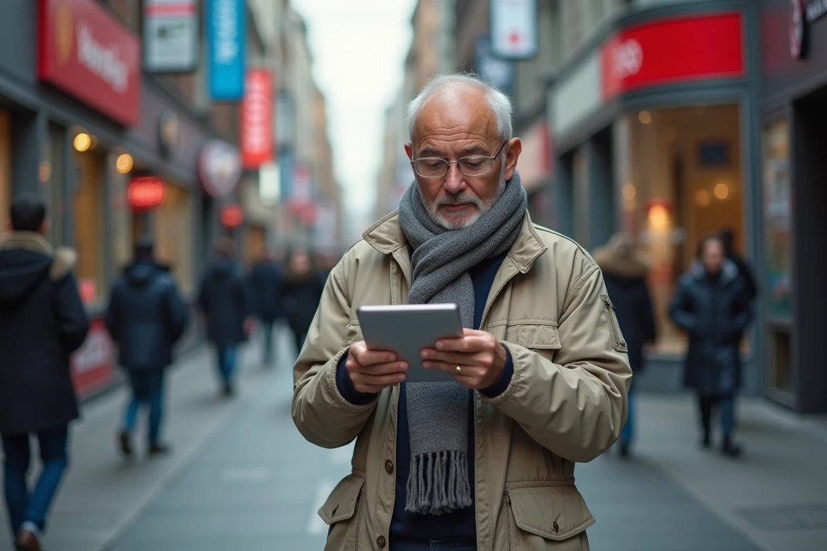 Homme âgé vérifiant les actualités sur une tablette dans la ville
