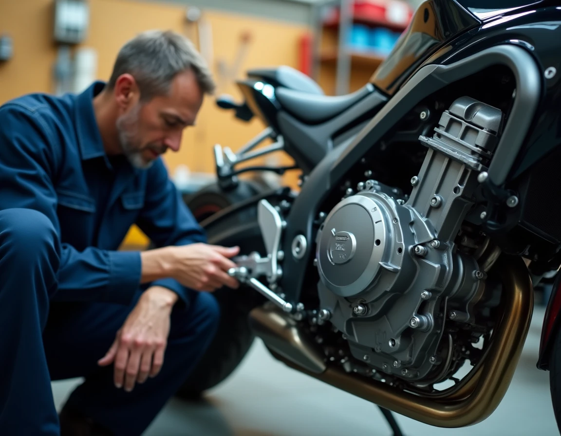 Mécanicien inspectant le moteur quatre cylindres en ligne d'une Honda CBR 1000 F dans un atelier de moto professionnel