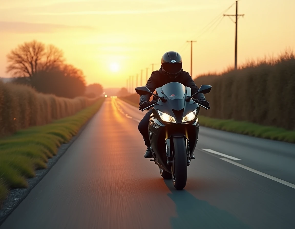 Honda CBR 1000 F en mouvement sur une route de campagne, effet de filé photographique capturant la dynamique de la moto en situation de touring