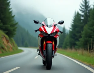 Honda CBR 1000 F garée sur une route de montagne sinueuse, vue de face en 3/4 bas mettant en valeur le carénage rouge et blanc iconique
