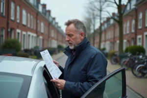 Homme tenant des documents d'immatriculation de voiture devant une berline argentée dans une rue résidentielle d'Amsterdam