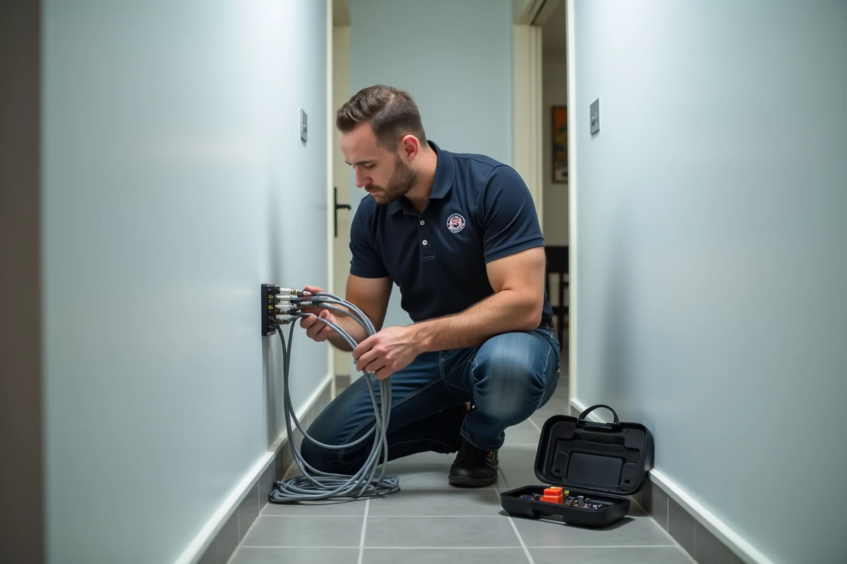 Technicien installant un routeur Wi-Fi connecté à une box fibre optique dans le couloir d'un appartement moderne