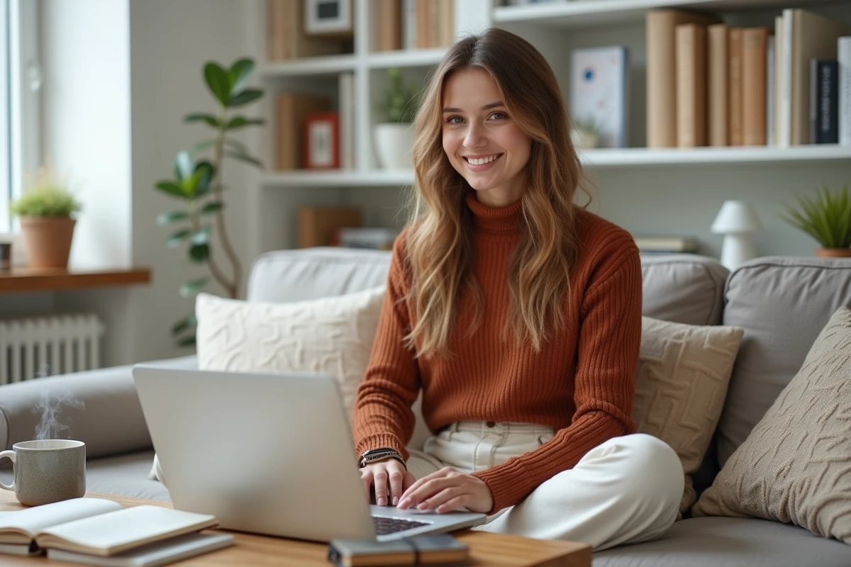 Jeune femme entrepreneuse travaillant depuis son bureau à domicile avec ordinateur portable et carnets en 2024