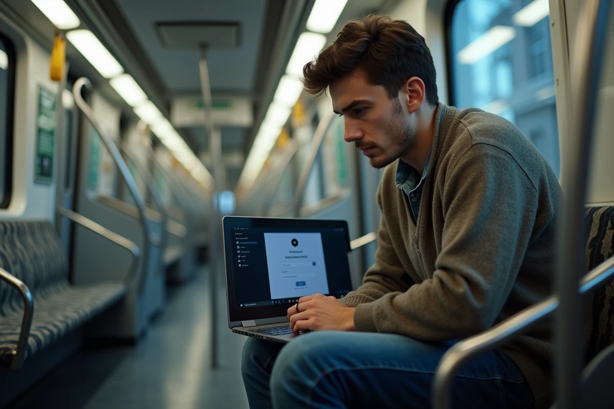 Jeune homme en jeans et pull utilisant un ordinateur dans le métro