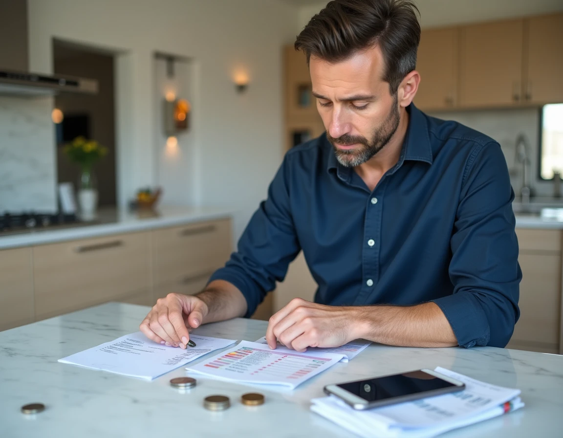 Homme organisant ses factures et relevés bancaires sur une table de cuisine moderne avec une application de finances sur smartphone