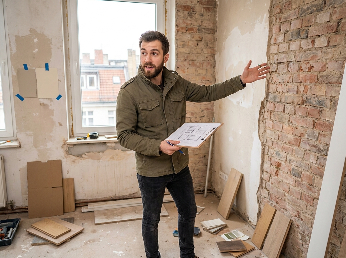 Jeune professionnel de la décoration intérieure inspectant un appartement en rénovation avec des échantillons de matériaux au sol