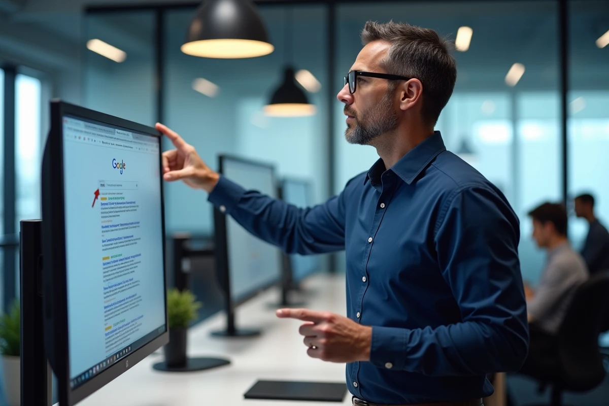 Professionnel du marketing digital présentant une stratégie de référencement naturel sur un grand écran dans un bureau moderne