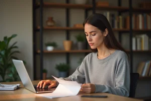 Femme cherchant une adresse à partir d'un nom sur son ordinateur portable dans un bureau à domicile