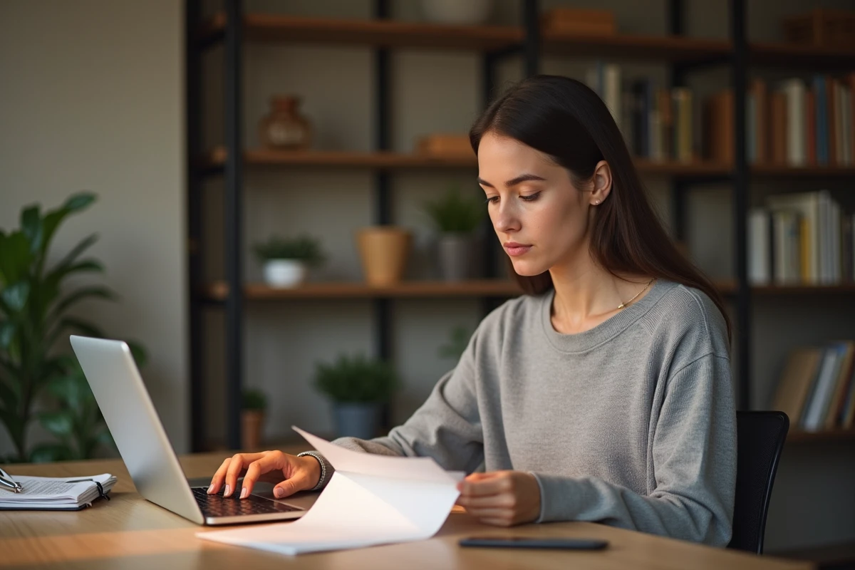 Femme cherchant une adresse à partir d'un nom sur son ordinateur portable dans un bureau à domicile