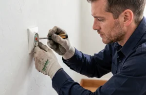 Électricien retirant un fil d'une prise Schneider avec un tournevis plat, port de gants isolants, vue rapprochée sur les mains et la prise murale