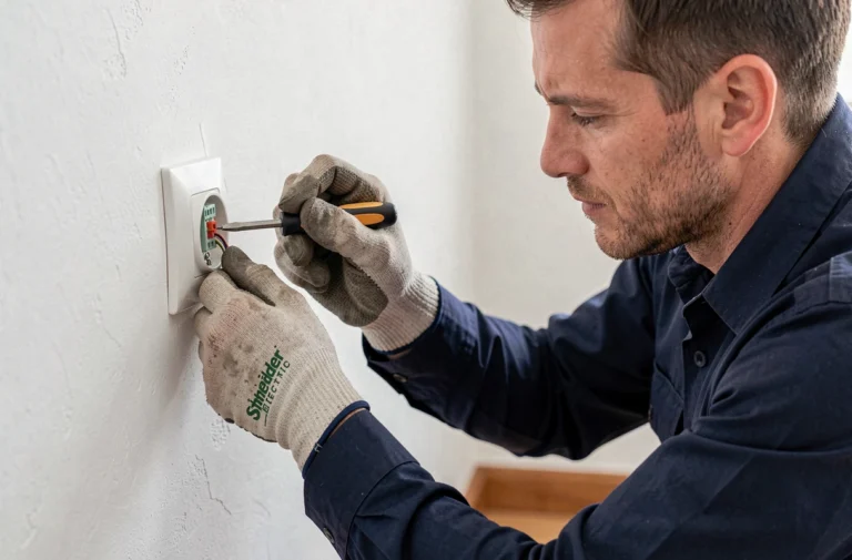 Électricien retirant un fil d'une prise Schneider avec un tournevis plat, port de gants isolants, vue rapprochée sur les mains et la prise murale