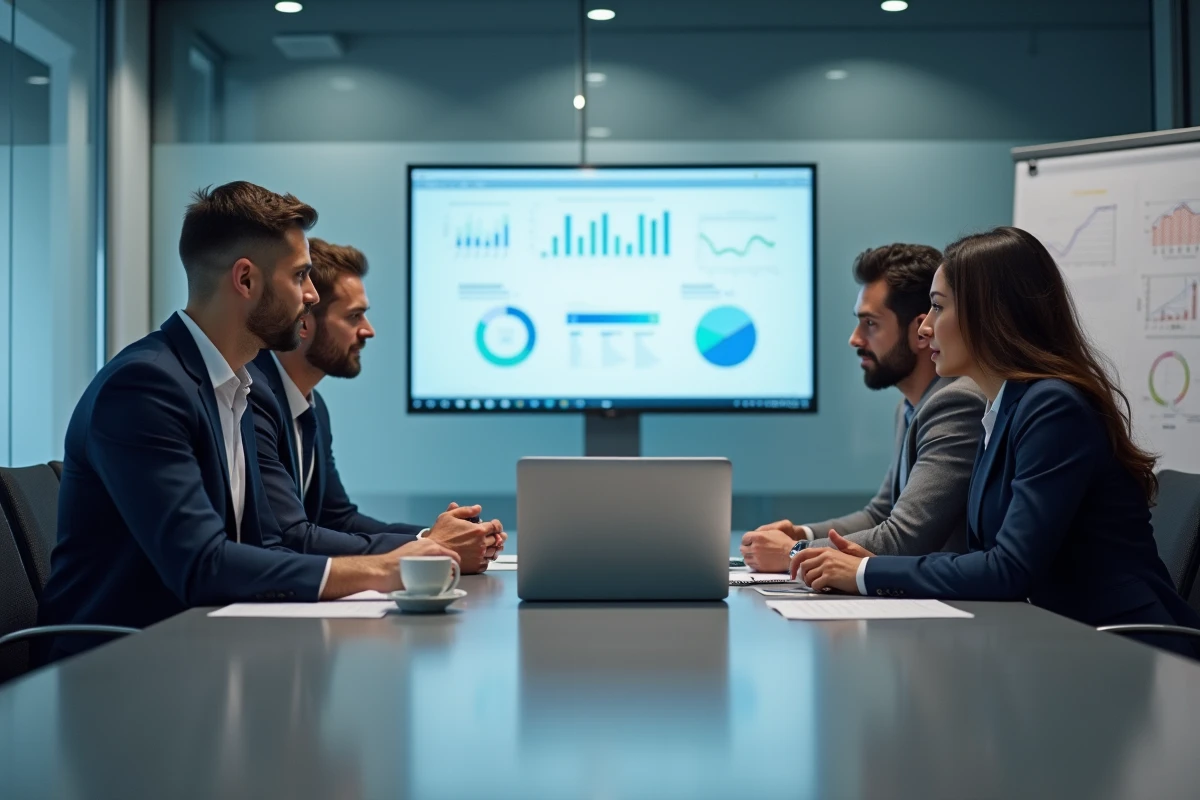 Équipe de professionnels analysant des indicateurs de qualité de service lors d'une réunion stratégique