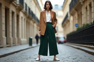 Femme élégante en blazer camel et pantalon large vert sur pavés parisiens, mode contemporaine tendance automne