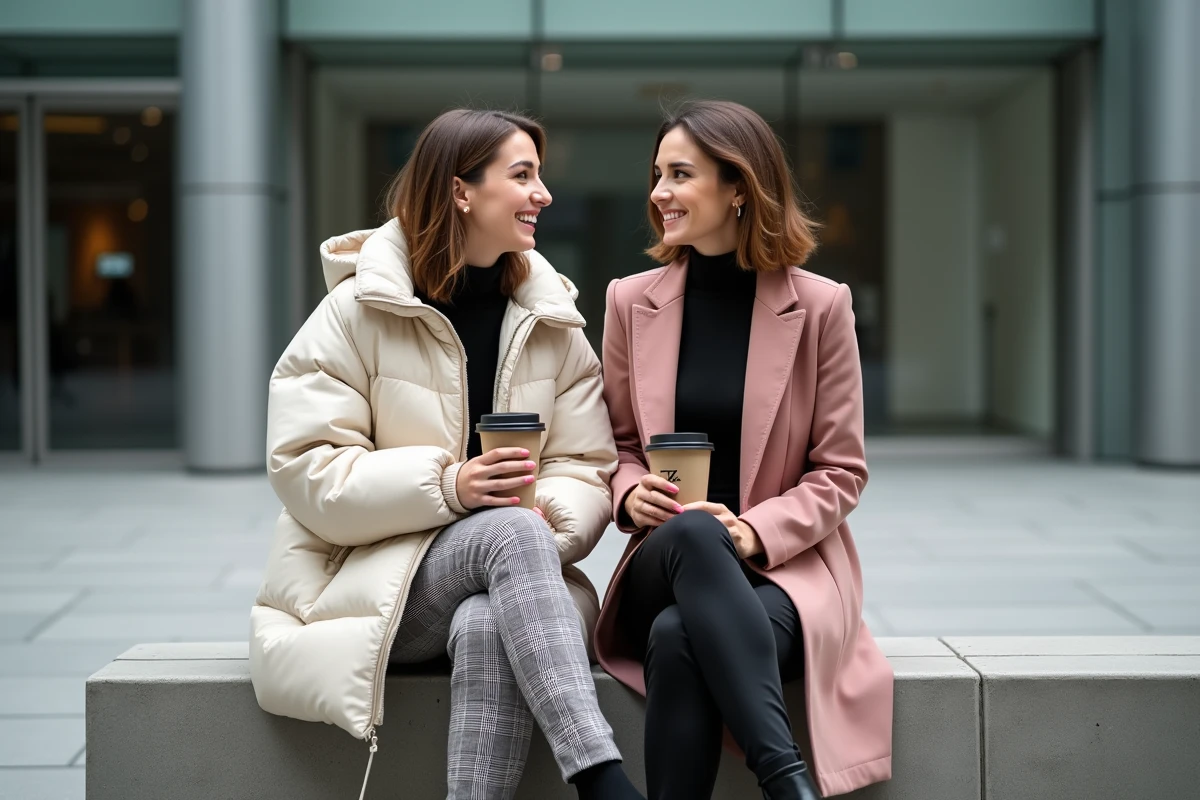 Deux femmes tendance en tenues de mode contemporaine discutant dans un espace urbain architectural moderne