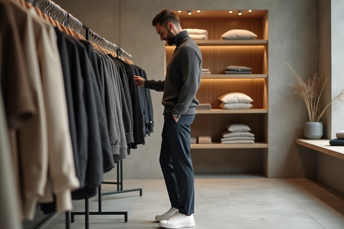 Homme stylé en col roulé charbon parcourant des vêtements dans une boutique de mode minimaliste contemporaine