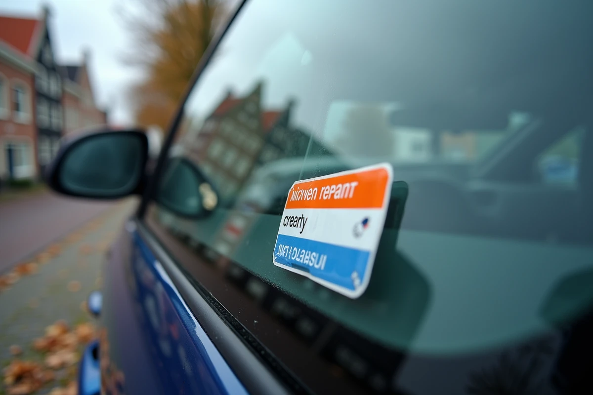 Gros plan d'une vignette officielle néerlandaise collée sur le pare-brise d'une voiture avec reflet de canaux d'Amsterdam
